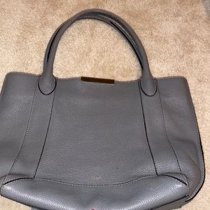 Bolkier New York gray leather tote.